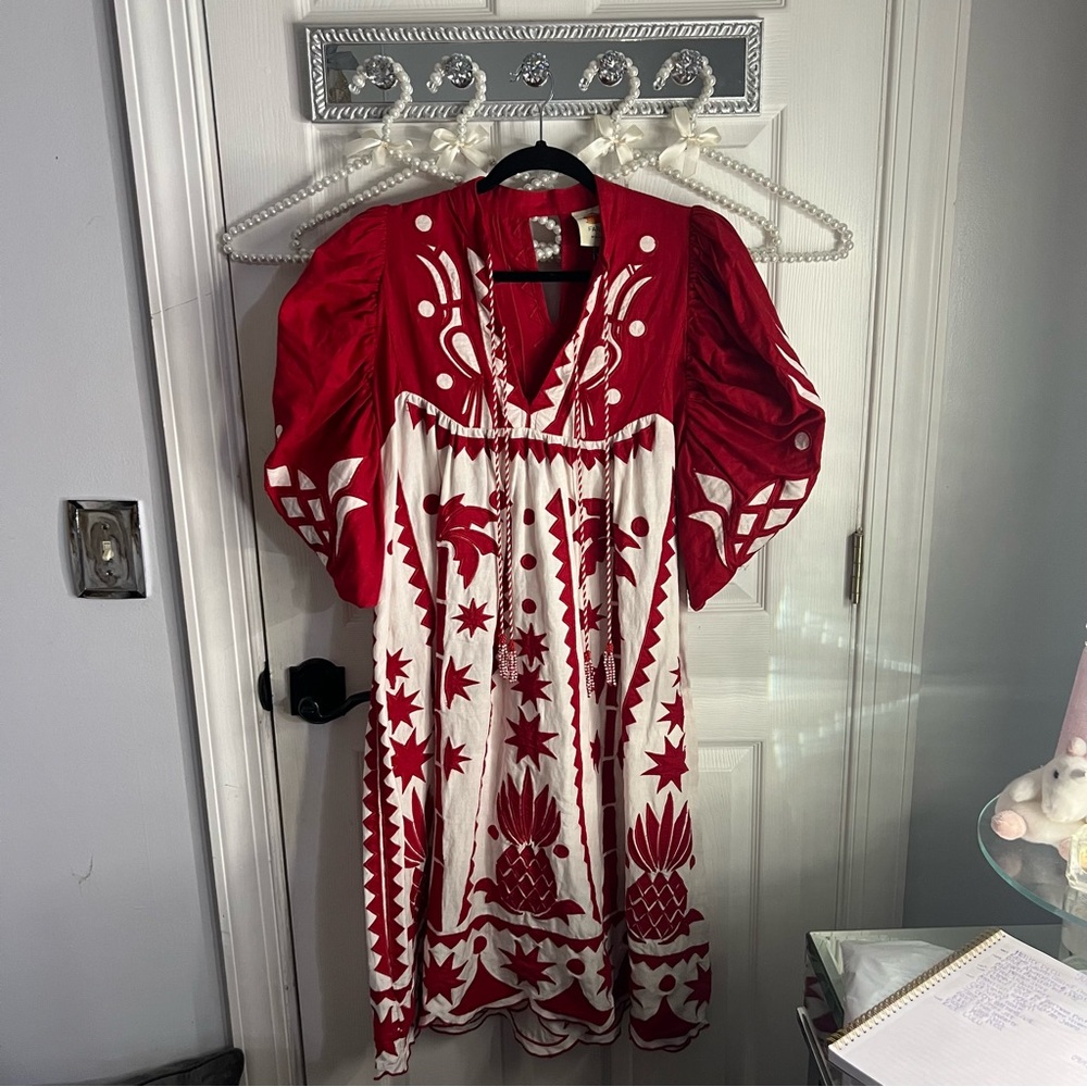 FARM Rio Red and White Embroidered Dress